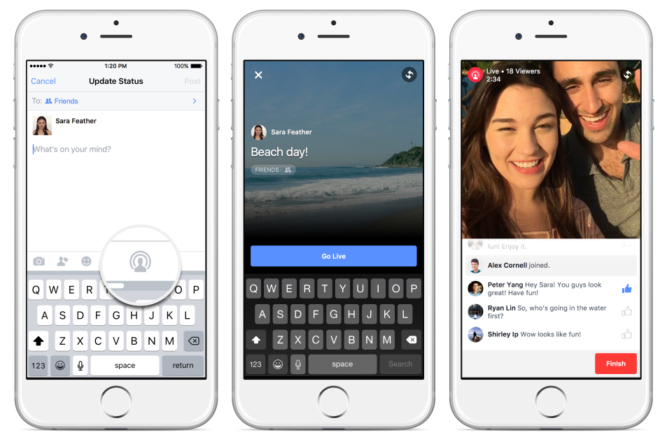 Facebook live video streaming screenshots