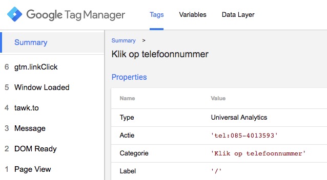 GTM telefoonnummer gebeurtenis