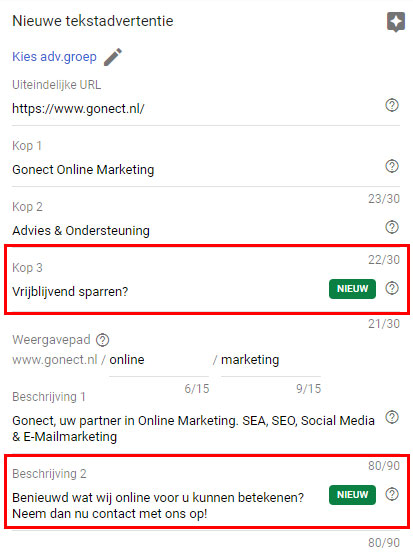 Google Ads - Kop 3 en tweede beschrijvende regel