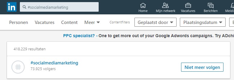 Hasthags op LinkedIn zoeken