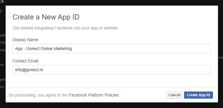 Nieuwe app ID aanmaken in Facebook voor developers