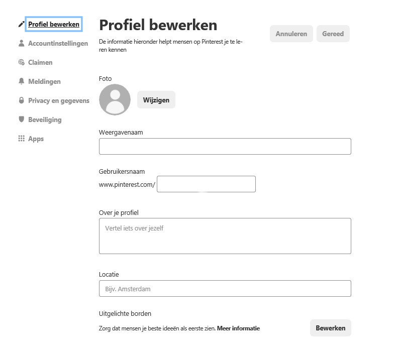 Pinterest profiel aanmaken