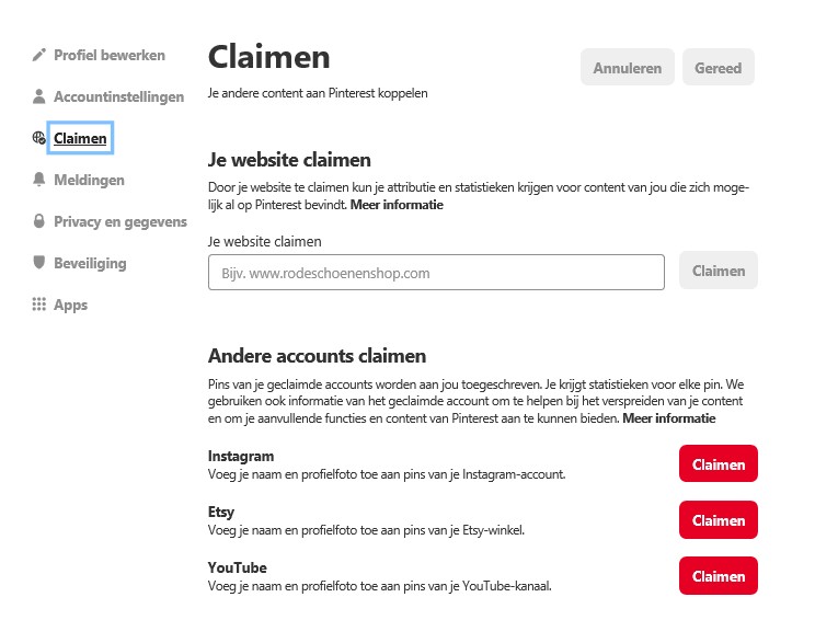 Pinterest website claimen