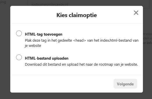 Pinterest website claimen opties