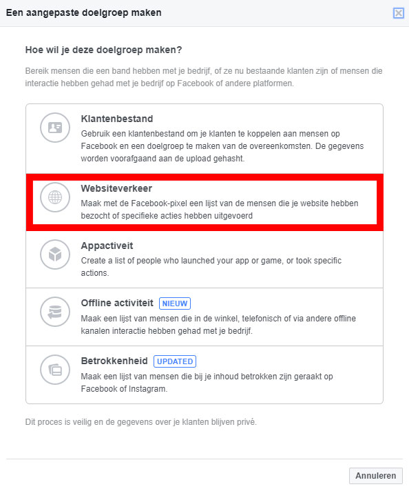 Remarketing doelgroep Facebook websiteverkeer