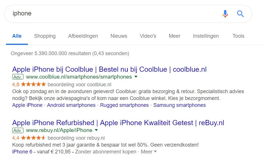 Zoekresultaten Google