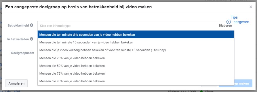 Aangepaste doelgroep maken van videoweergaven Facebook