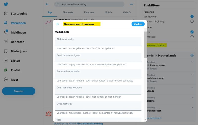 Geavanceerd zoeken Twitter hashtags