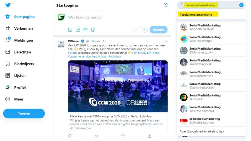 Hashtags zoeken in Twitter