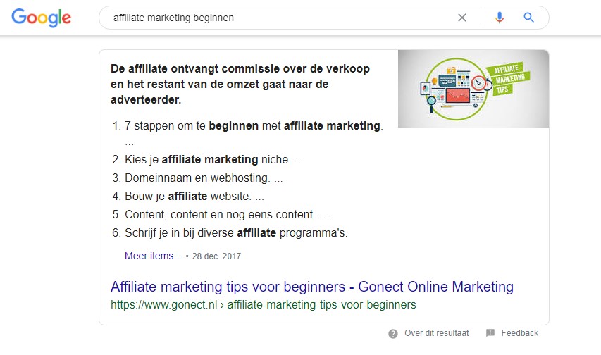 Voorbeeld van featured snippet